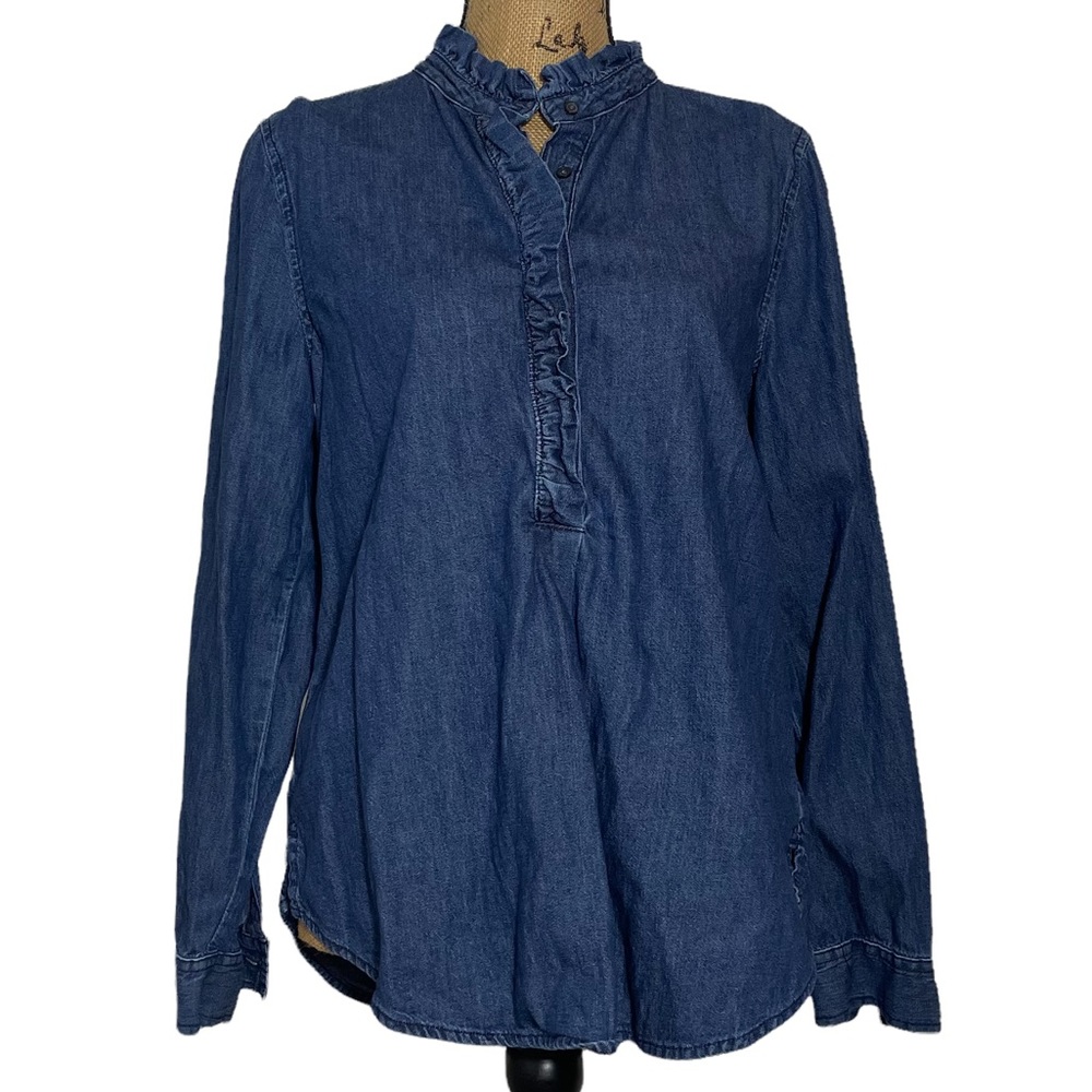 Gap Denim LS Blue Denim Ruffled Tunic Top Size M